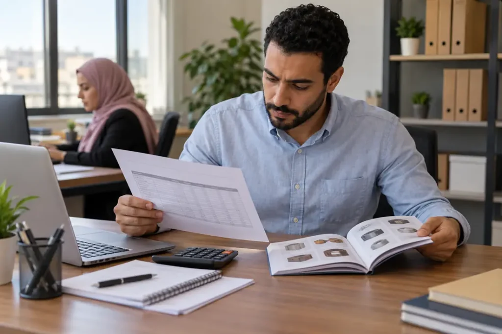 صورة توضيحية لمراجعة مستندات أمر الشراء؛ مولدة بالذكاء الاصطناعي