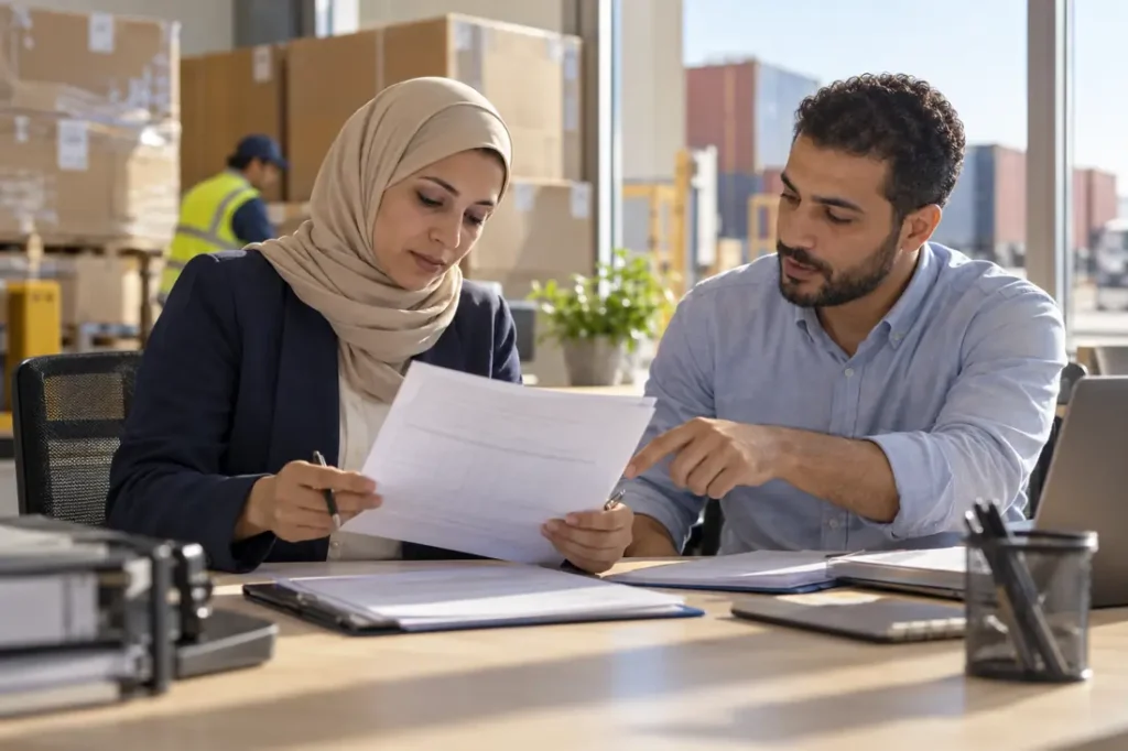 صورة توضيحية لمراجعة مستندات الفاتورة التجارية؛ مولدة بالذكاء الاصطناعي