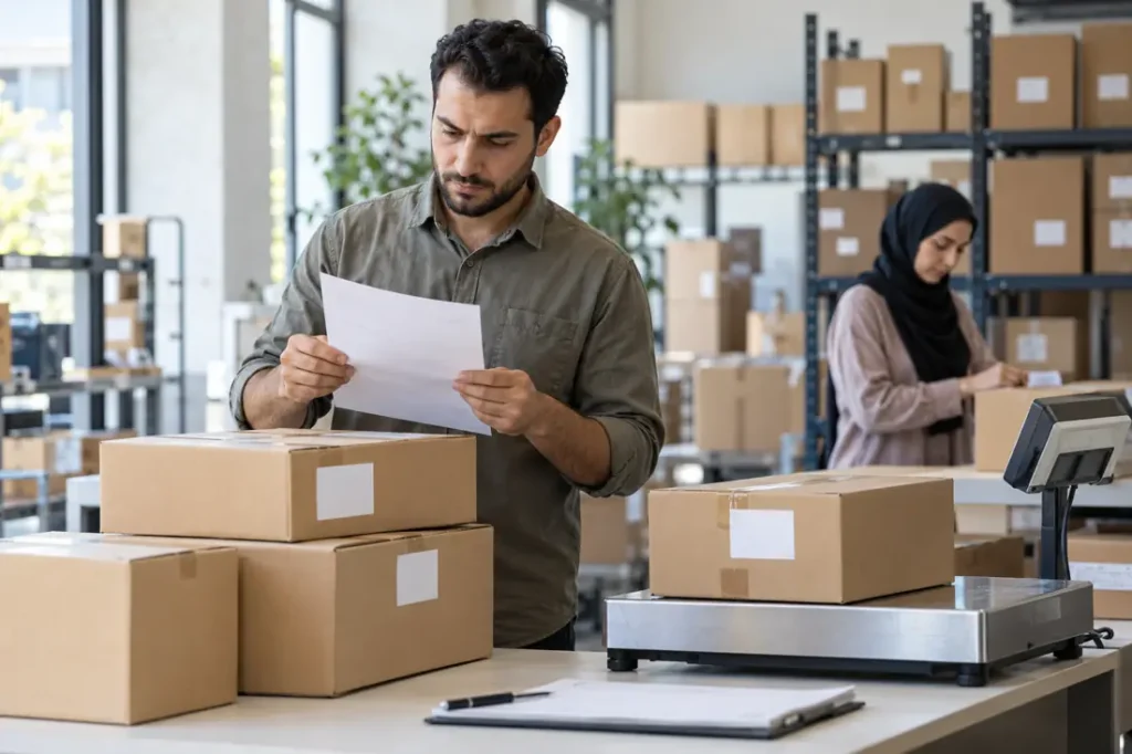 صورة توضيحية لمراجعة مستندات قائمة التعبئة؛ مولدة بالذكاء الاصطناعي