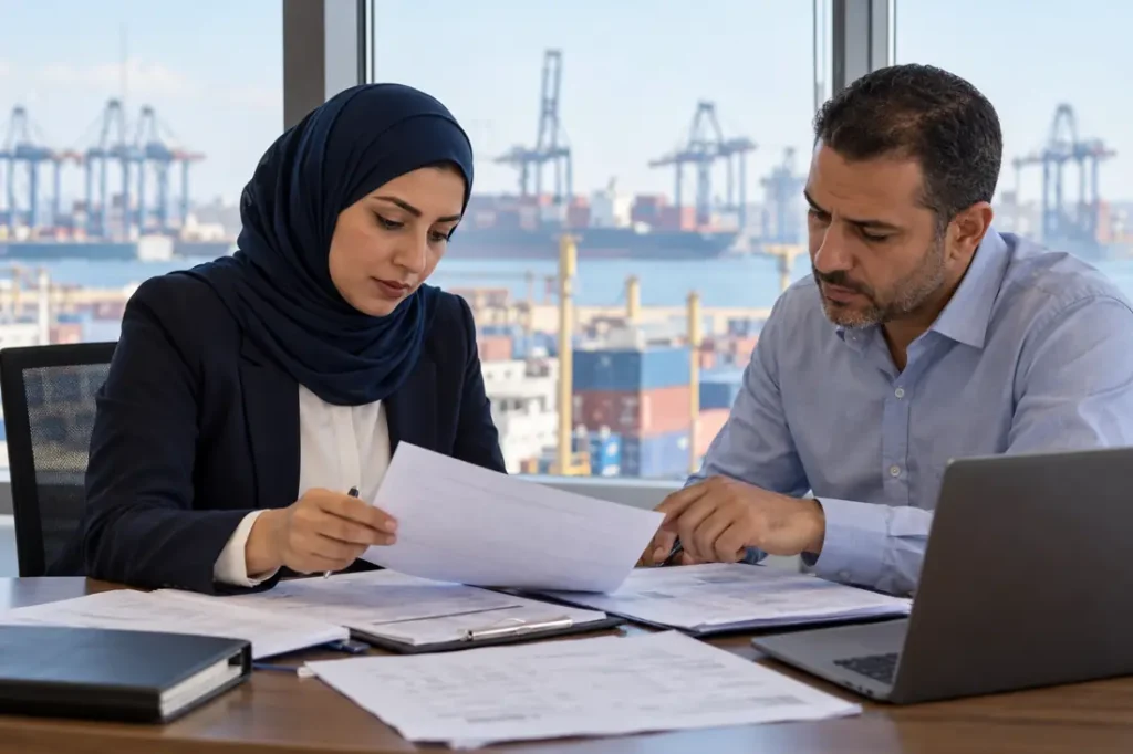 صورة توضيحية لمراجعة مستندات بوليصة الشحن؛ مولدة بالذكاء الاصطناعي