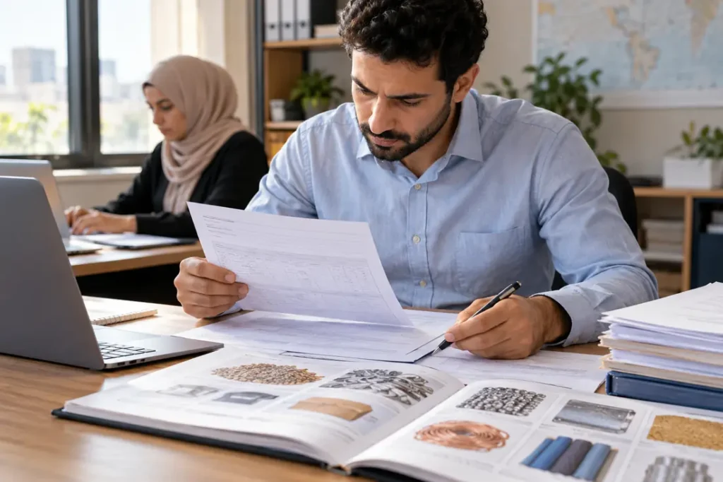 صورة توضيحية لمراجعة مستندات البيان الجمركي؛ مولدة بالذكاء الاصطناعي