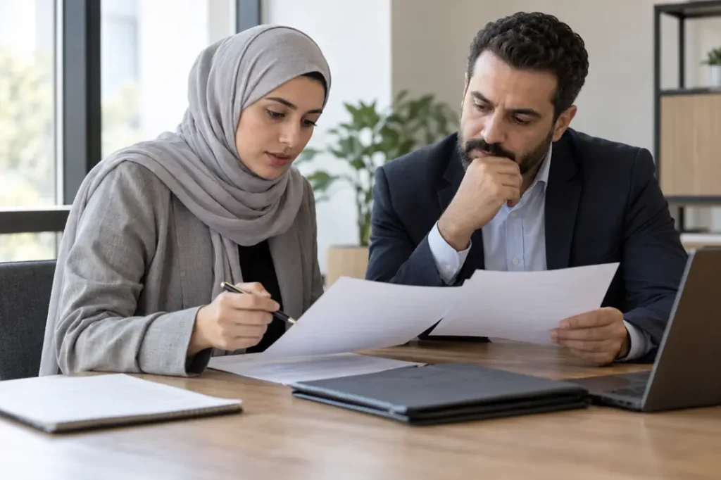 صورة توضيحية لمراجعة مستندات خطاب الضمان البنكي؛ مولدة بالذكاء الاصطناعي