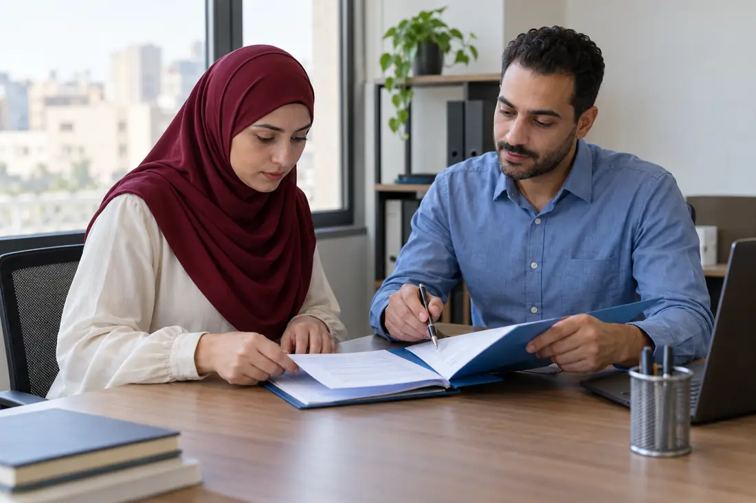 سيدة محجبة تراجع وثيقة عامة مع مترجم