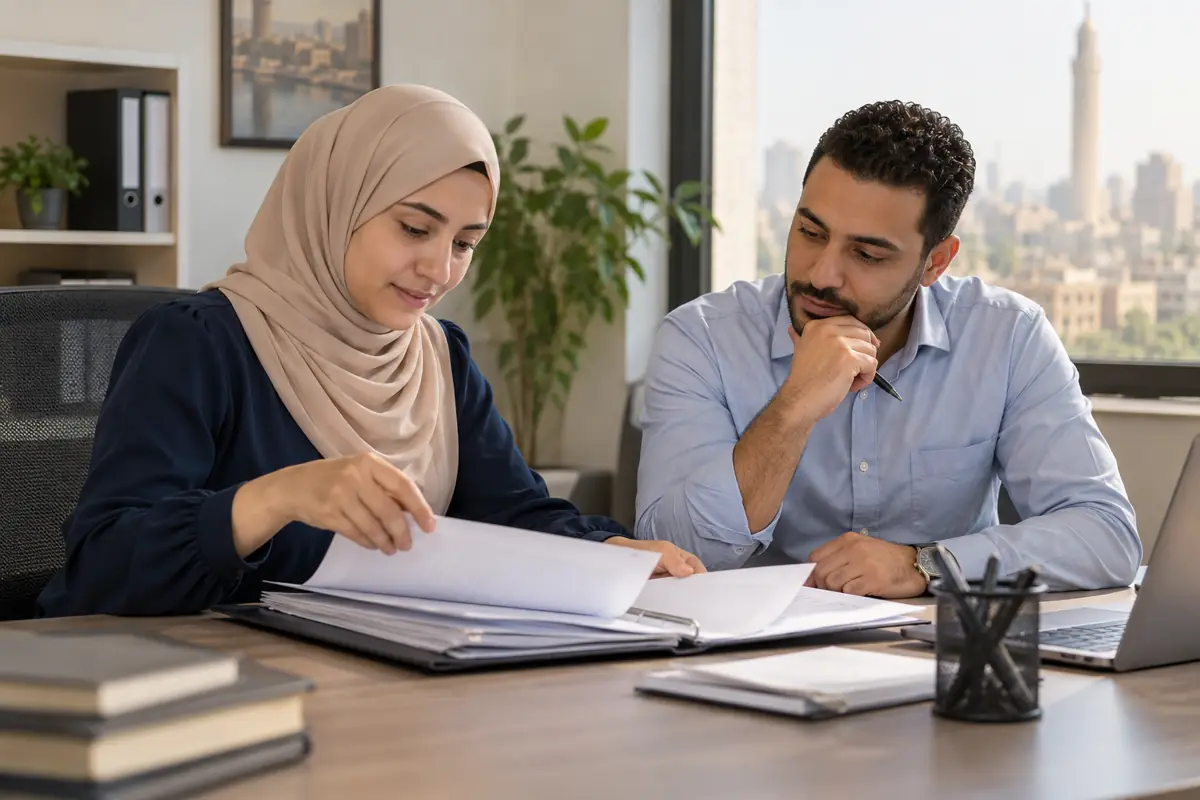 A hijab-wearing professional reviewing a document folder with a colleague