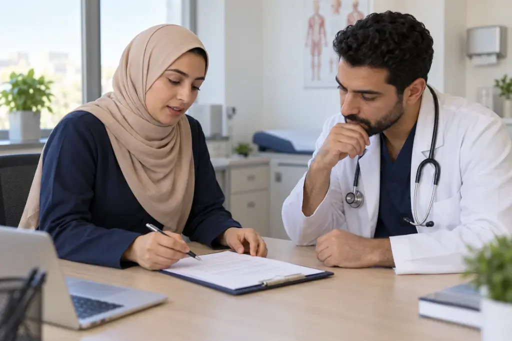 صورة توضيحية لمراجعة مستندات نموذج الموافقة الطبية المستنيرة؛ مولدة بالذكاء الاصطناعي