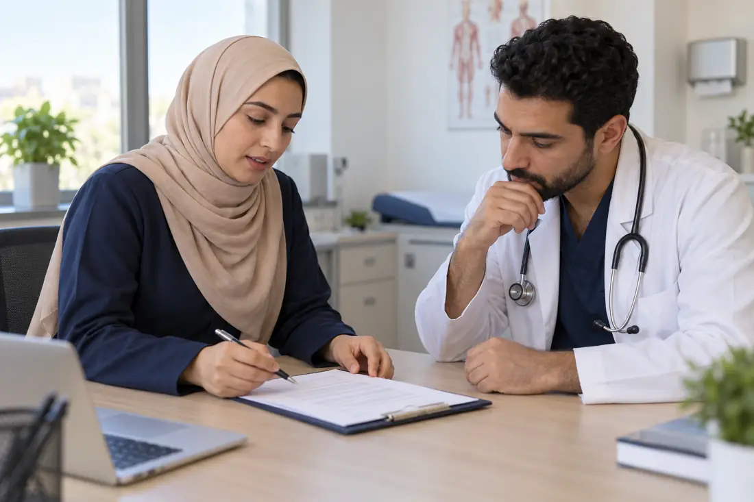 صورة توضيحية لمراجعة مستندات نموذج الموافقة الطبية المستنيرة؛ مولدة بالذكاء الاصطناعي