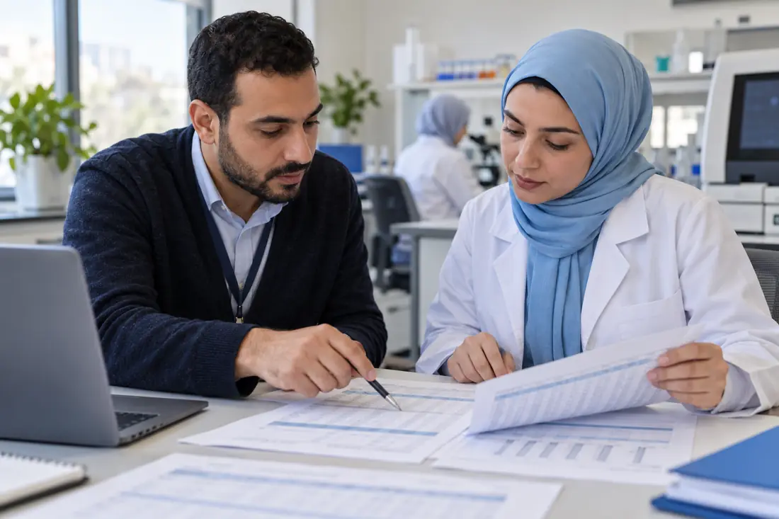 صورة توضيحية لمراجعة مستندات نتائج التحاليل الطبية؛ مولدة بالذكاء الاصطناعي