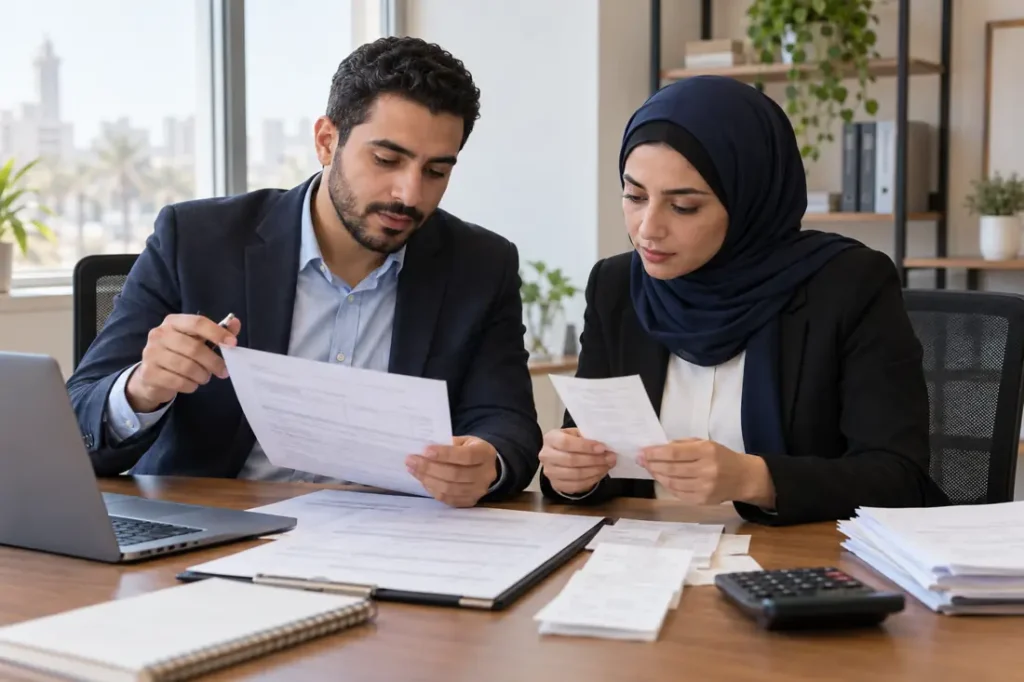 صورة توضيحية لمراجعة مستندات مطالبة التأمين؛ مولدة بالذكاء الاصطناعي