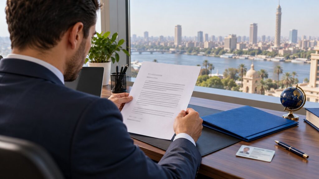 Professional in Cairo reviewing a no objection letter and ID records