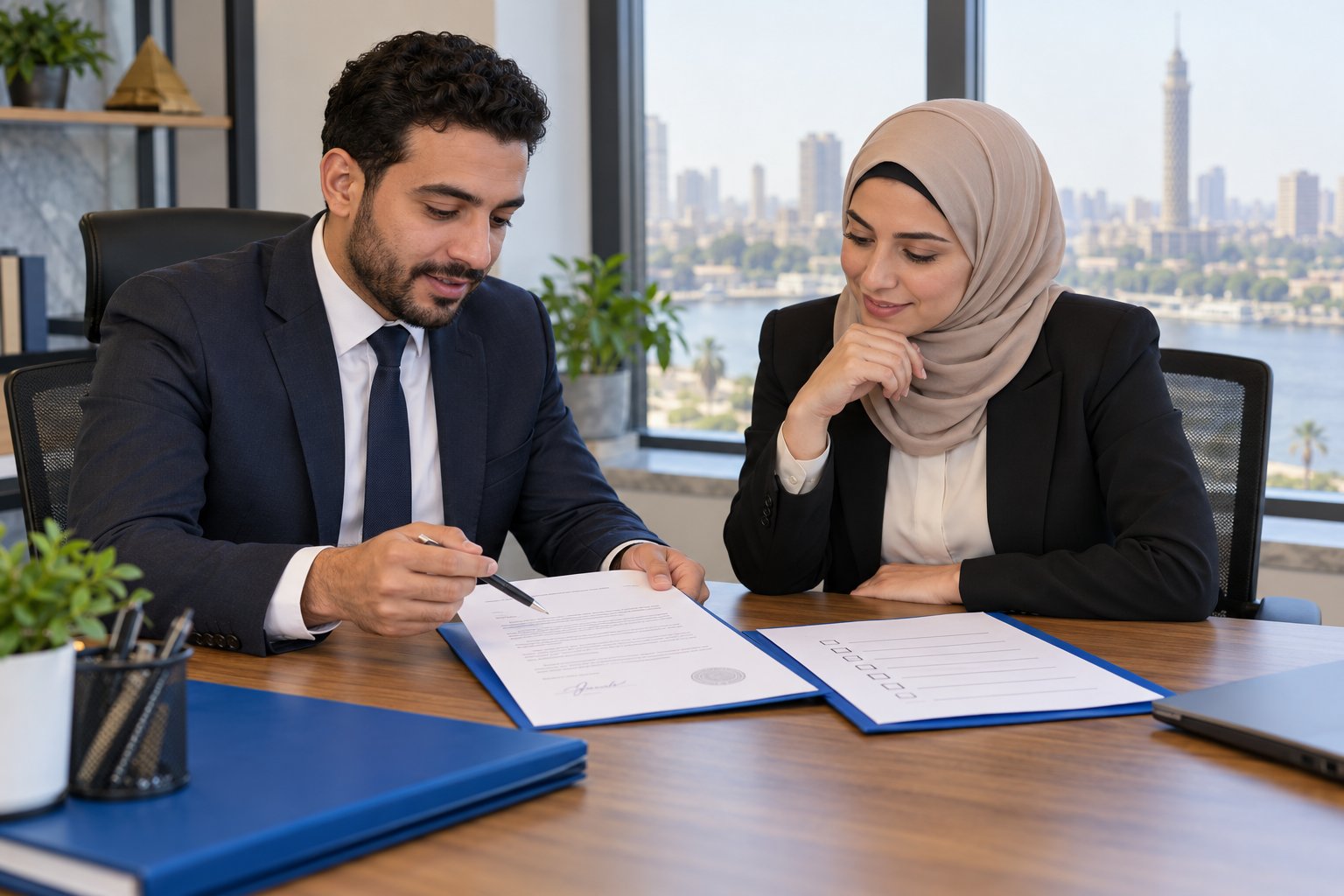 موظفان يراجعان خطاب عدم الممانعة وقائمة المستندات المطلوبة