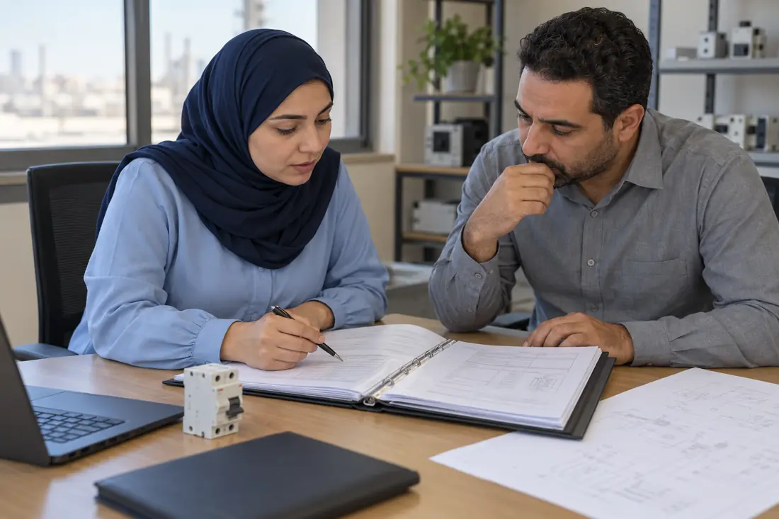 مترجمة محجبة تراجع ملف منتج مع مسؤول جودة