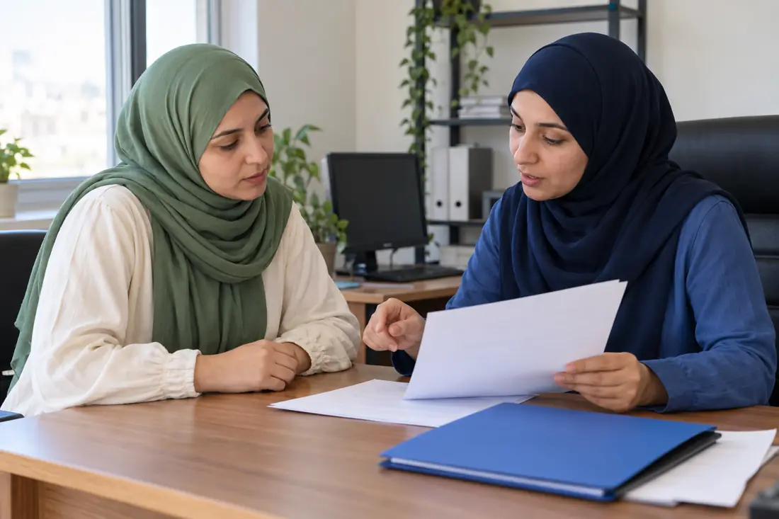 سيدتان محجبتان تراجعان وثيقة عامة في مكتب ترجمة
