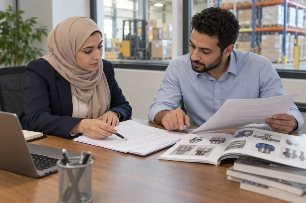 مديرة مشتريات محجبة ومترجم يراجعان عقد توريد توضيحي